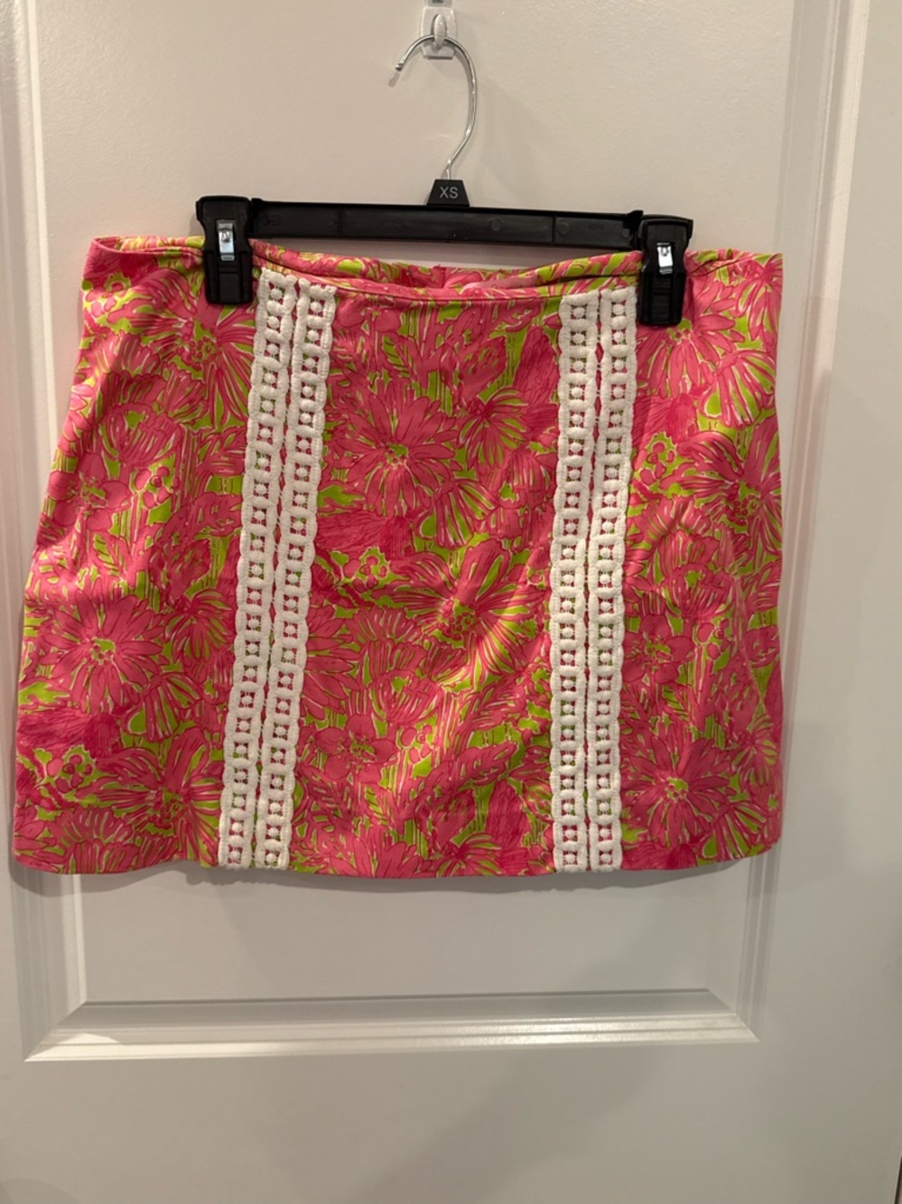 Lilly Pulitzer Pink and Lime Floral Mini Skirt with White Crochet Panels